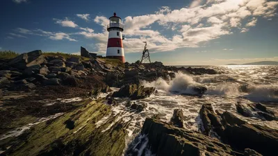 KI-generiert: Rot-weiß gestreifter Leuchtturm auf einer felsigen Küste, davor brechen Wellen an dunklen Steinen, am Himmel ziehen dichte Wolken auf.