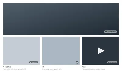 Mockup mit vier neutralen Platzhalter-Kacheln statt echter Fotos: Eine große dunkle Kachel trägt unten rechts das Label „AI GENERATED". Darunter zeigen eine helle Kachel das Label „AI MODIFIED", eine mittlere Kachel das runde Kurz-Label „AI" und eine dunk
