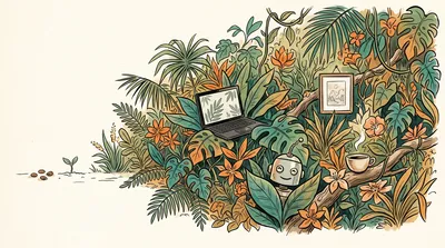 KI-generierte Illustration im flachen Comic-Stil: Ein dichter tropischer Dschungel überwuchert rechts einen Arbeitsplatz mit Laptop, gerahmtem Bild und dampfender Kaffeetasse; ein kleiner lächelnder Roboter schaut aus dem Blattwerk hervor. Links liegen Ka