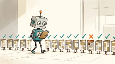 KI-generierte Illustration im flachen Comic-Stil: Ein lächelnder, kantiger Roboter mit oranger Antenne läuft an einer langen Reihe kleiner Webseiten mit Beinchen entlang und hält ein Klemmbrett und einen Bleistift. Über jeder Seite schweben grüne Häkchen,